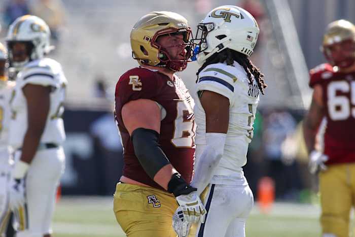Oct 21, 2023; Atlanta, Georgia, USA; Boston College Eagles offensive lineman Kyle Hergel (60) gets in the face of Georgia Tech Yellow Jackets defensive back LaMiles Brooks (1) in the fourth quarter at Bobby Dodd Stadium at Hyundai Field. Mandatory Credit: Brett Davis-USA TODAY Sports